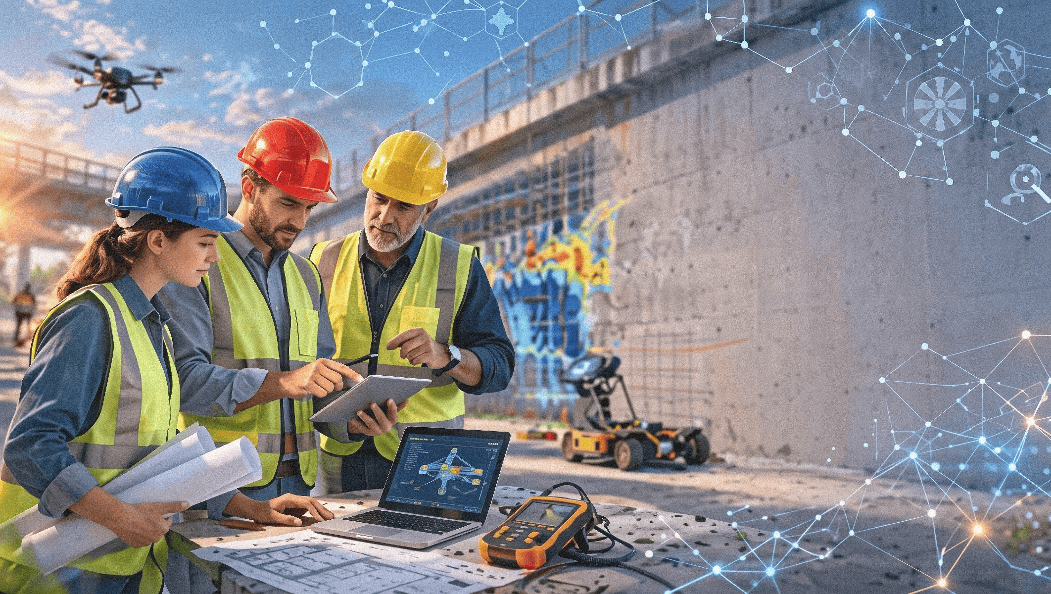 Engineers using AI technology for concrete repair diagnostics